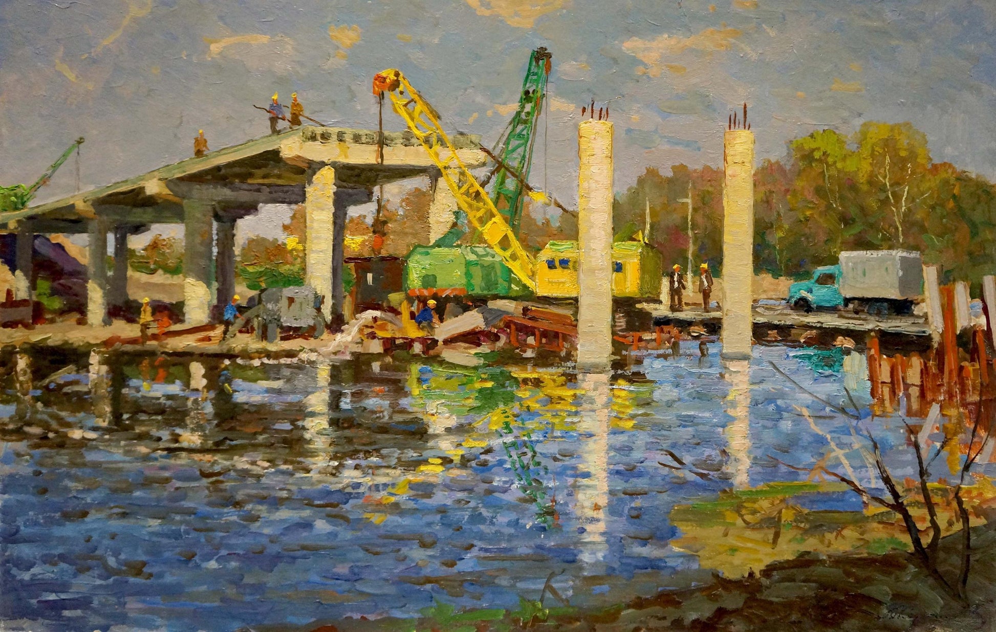 Yellow and green crane on bridge site oil painting by Korygin Konstantin Nikolaevich