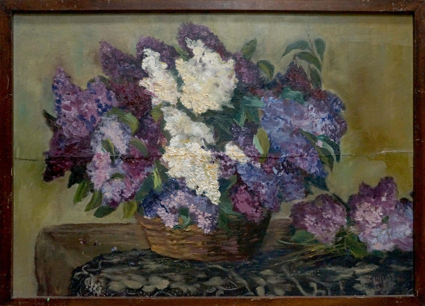 Vibrant oil painting Lilac G. Shevchuk: woven basket of purple white lilacs