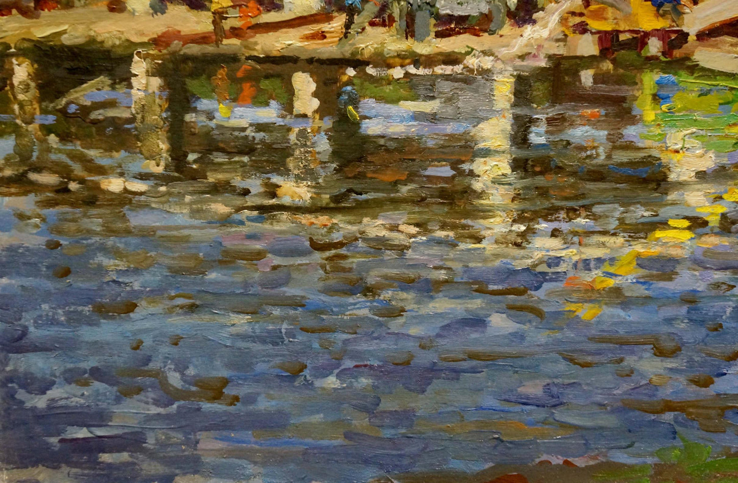Vibrant impressionist oil painting by Korygin Konstantin Nikolaevich of river reflecting buildings