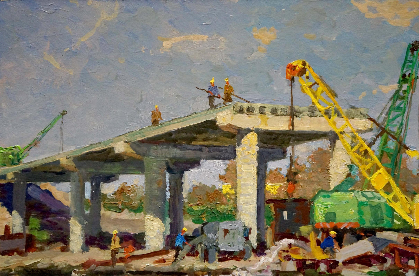 Yellow crane with green supports on bridge site oil painting by Korygin Konstantin Nikolaevich