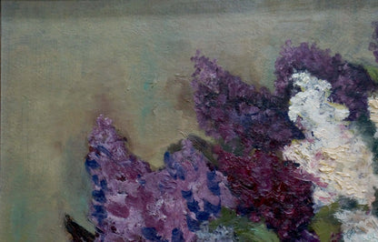 Textured oil painting of purple and white lilac blossoms by G. Shevchuk
