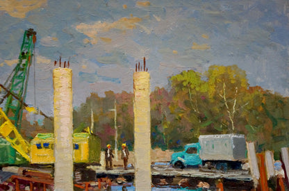 Oil painting by Korygin Konstantin Nikolaevich of two tall off-white concrete pillars with exposed rebar on construction site