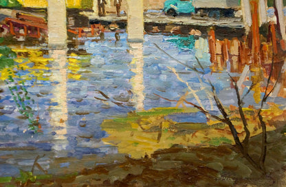 Vibrant impressionist oil painting by Korygin Konstantin Nikolaevich of waterfront buildings