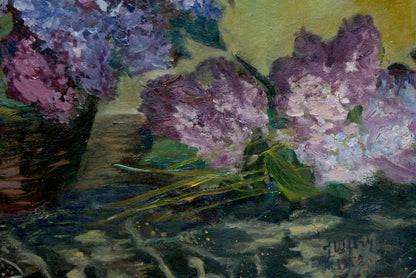Vibrant purple pink lilacs by G. Shevchuk impressionist oil painting