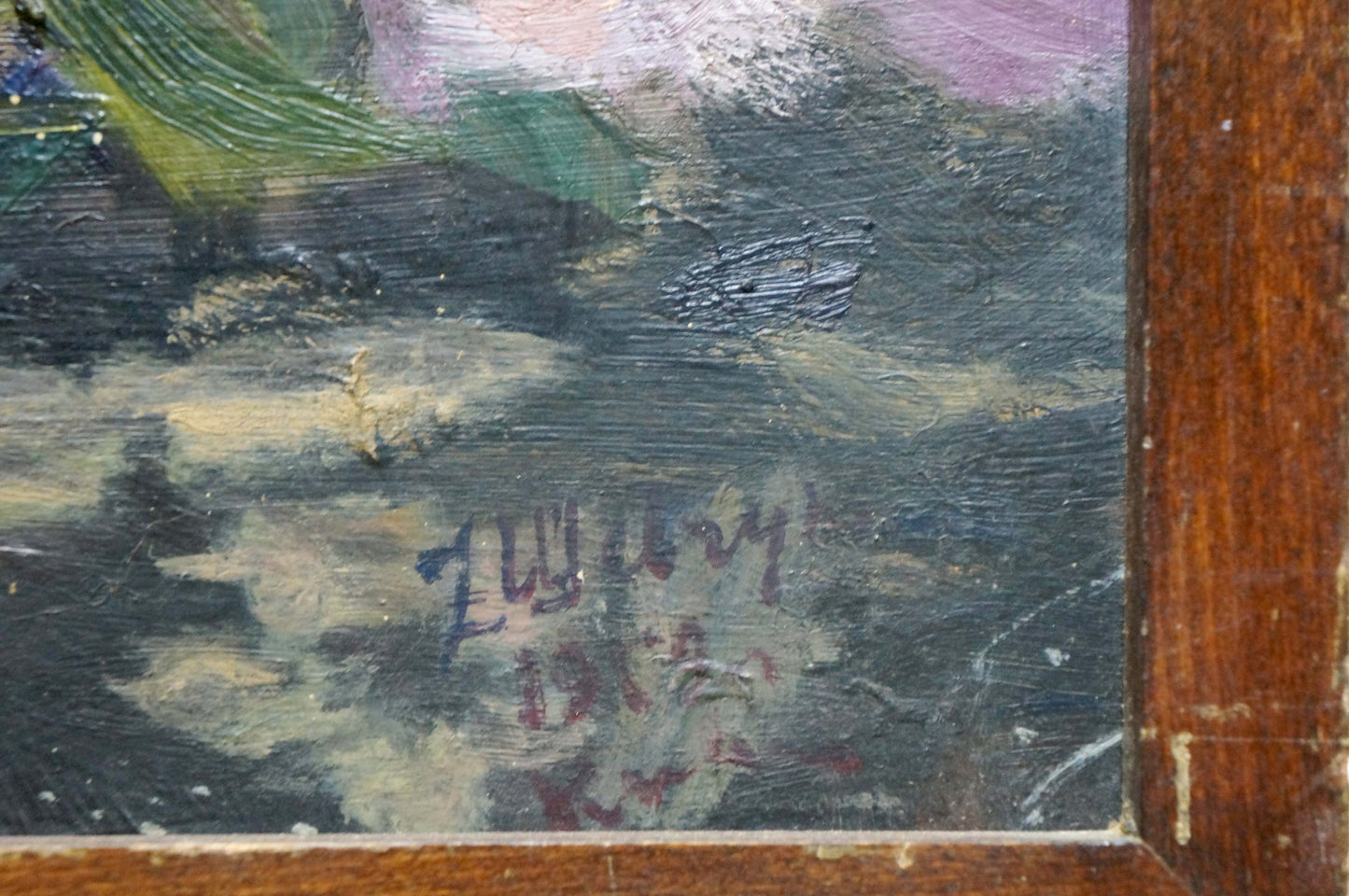Signed oil painting Lilac G. Shevchuk dark textured landscape