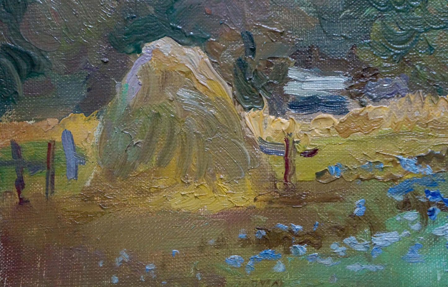 Oil painting of golden hay bale in autumn forestscape, textured brushstrokes
