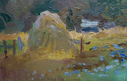Oil painting of golden hay bale in autumn forestscape, textured brushstrokes