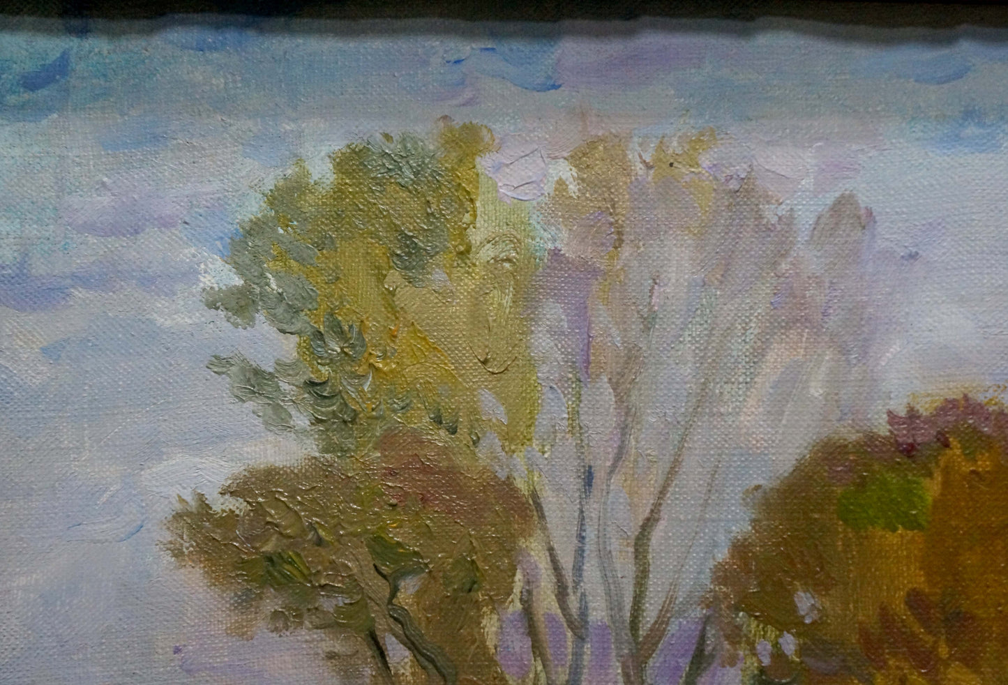 Oil painting of autumn forestscape with colorful trees by unknown artist