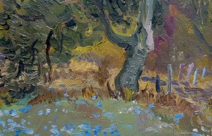 Oil painting of autumn forestscape tree in field with blue flowers