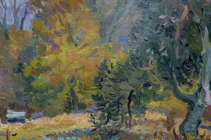 Oil painting of autumn forestscape by unknown artist in vibrant yellows and greens
