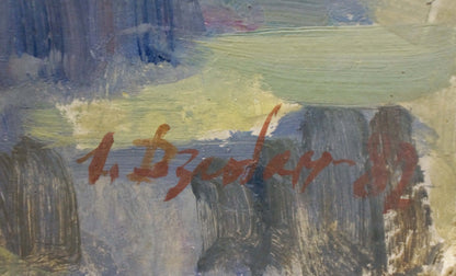 Reddish-brown signature by Dzyuban Ivan Feodosievich on Fog by the forest oil painting back