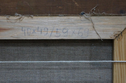 Back of oil painting Autumn Forestscape: weathered stretcher bar with pencil measurements