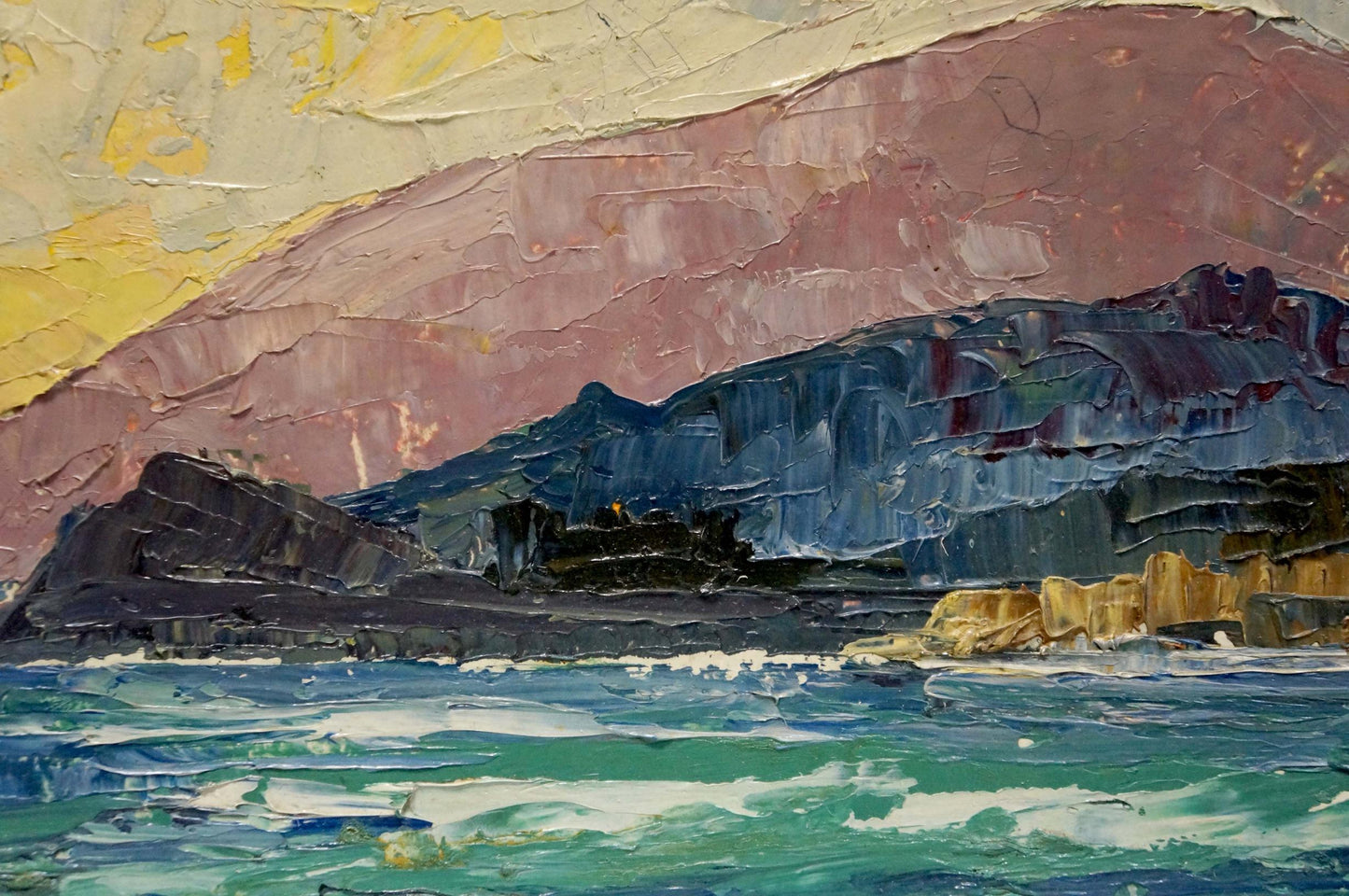 Oil painting Sea landscape Sigalevich L.E. textured coastal cliffs pink blue yellow sky