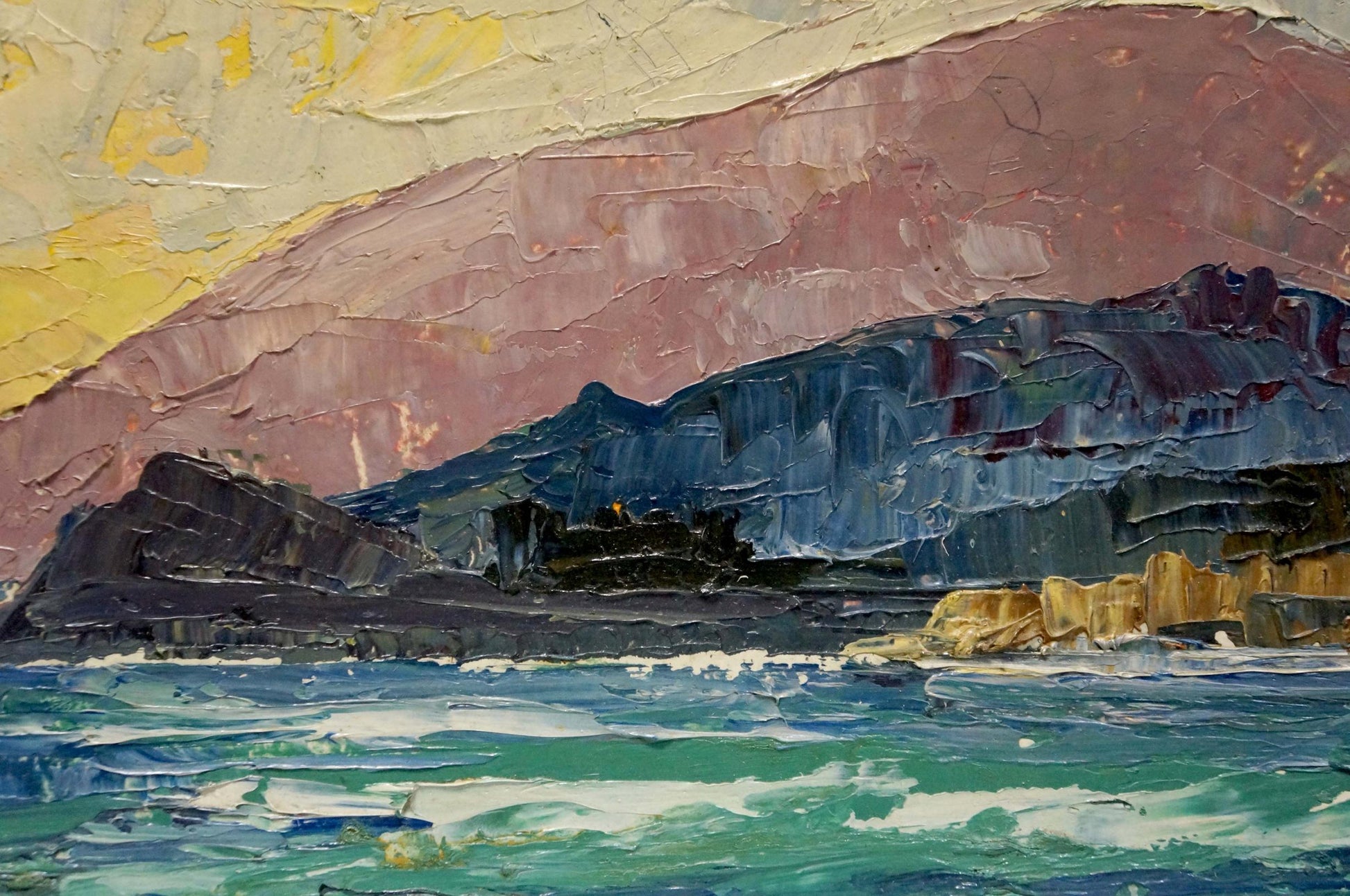 Oil painting Sea landscape Sigalevich L.E. textured coastal cliffs pink blue yellow sky