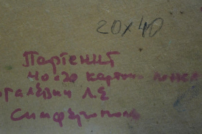 Back of oil painting Sea landscape by Sigalevich L.E. with pink handwritten text on beige surface
