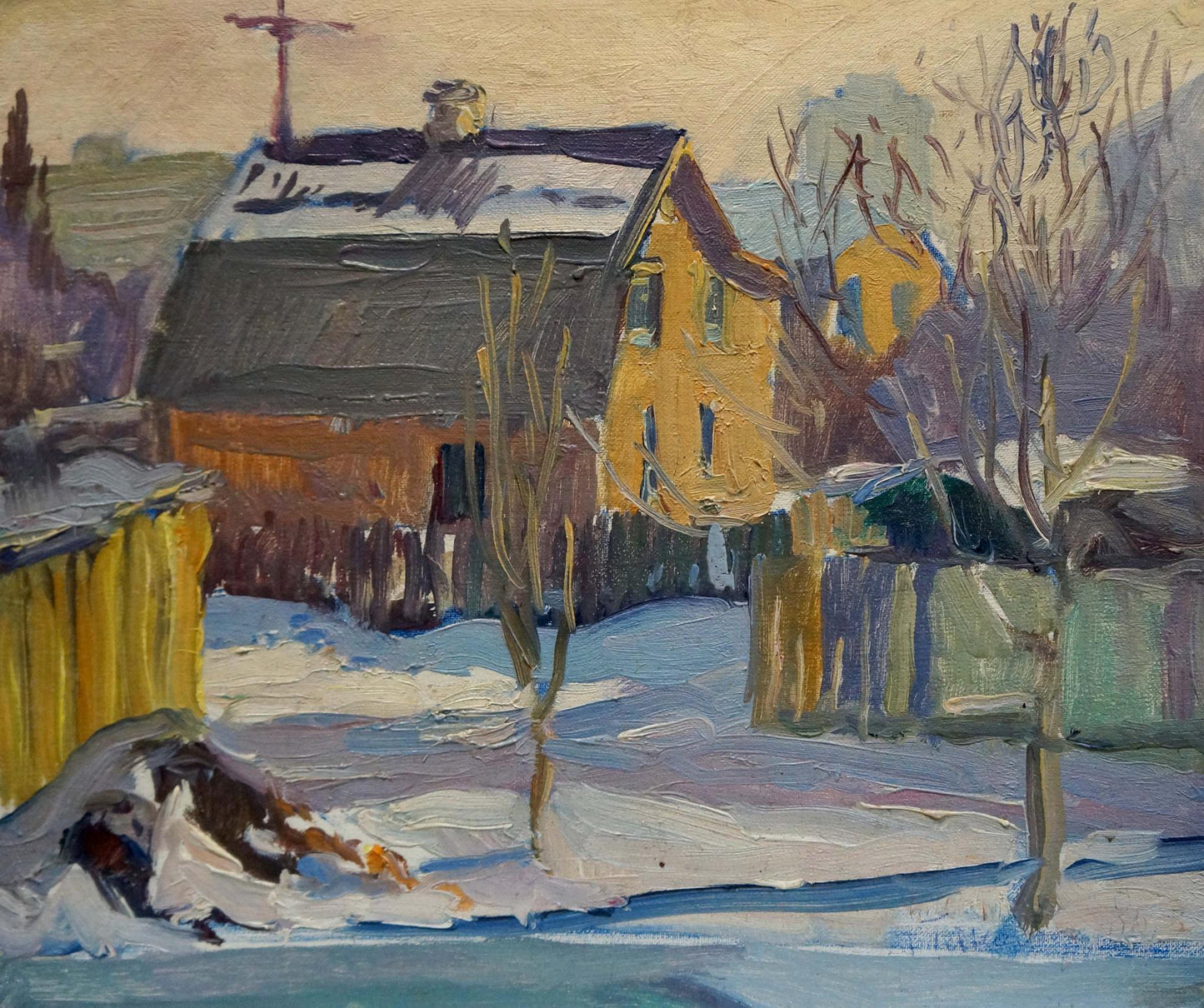 Oil painting of yellow house with snow-dusted roof by Gantman Moisey Faibovich