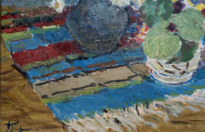 Dark gray textured ceramic vase on poppies and daisies oil painting by Kapkanets Tamara Nikitichna