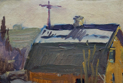 Rustic oil painting of winter landscape with snowy gray roof by Gantman Moisey Faibovich
