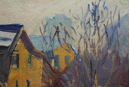Oil painting of yellow house and winter trees by Gantman Moisey Faibovich