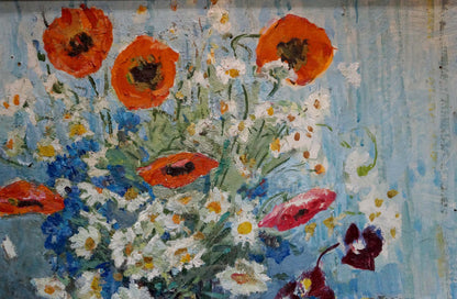 Vibrant oil painting of poppies and daisies by Kapkanets Tamara Nikitichna