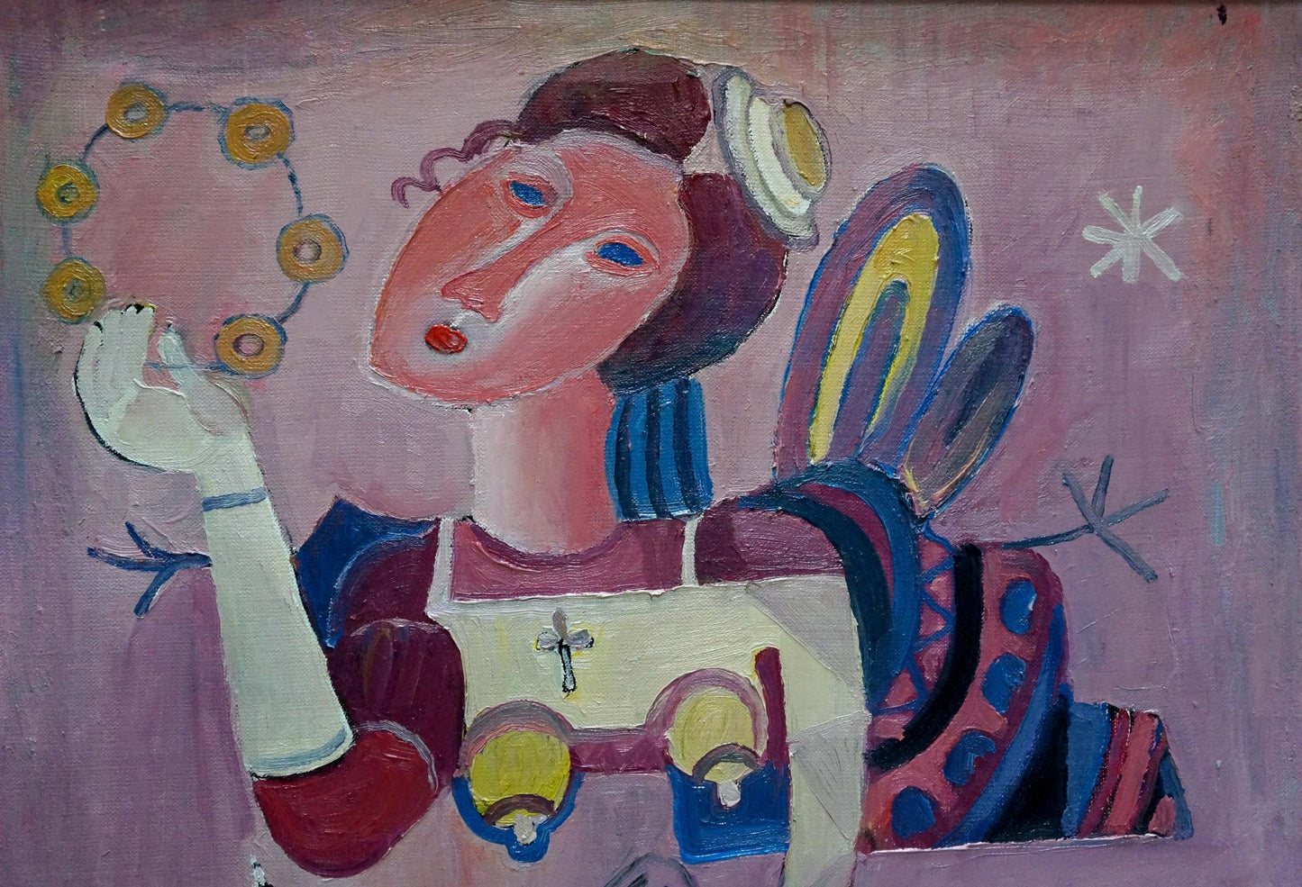 Stylized abstract oil portrait by Afanasyev of woman with tambourine