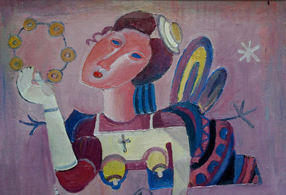 Stylized abstract oil portrait by Afanasyev of woman with tambourine