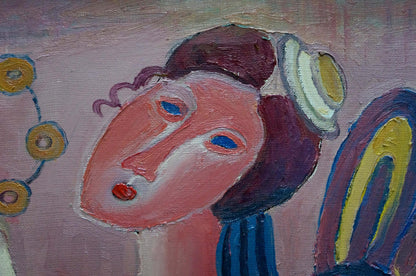 Stylized portrait by Afanasyev: pink-skinned woman in white hat