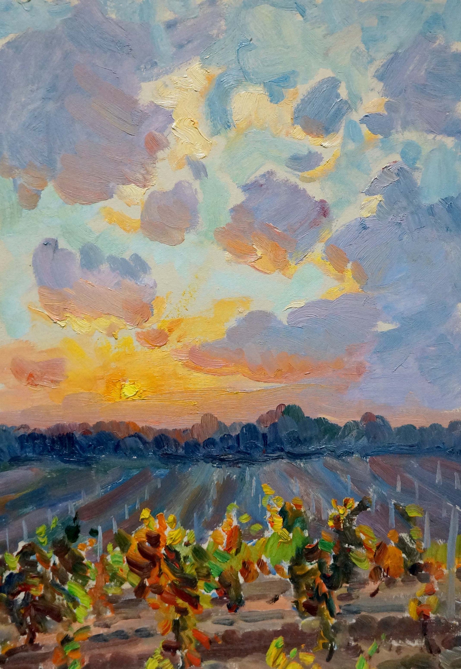 Vibrant impressionist oil painting Sunset on the vineyards by Petr Kolomoitsev