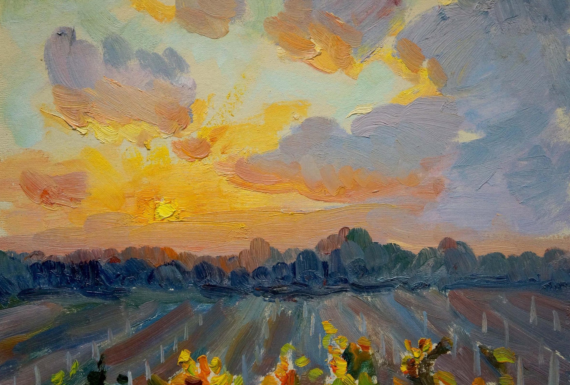 Vibrant impressionist oil painting Sunset on the vineyards by Petr Kolomoitsev