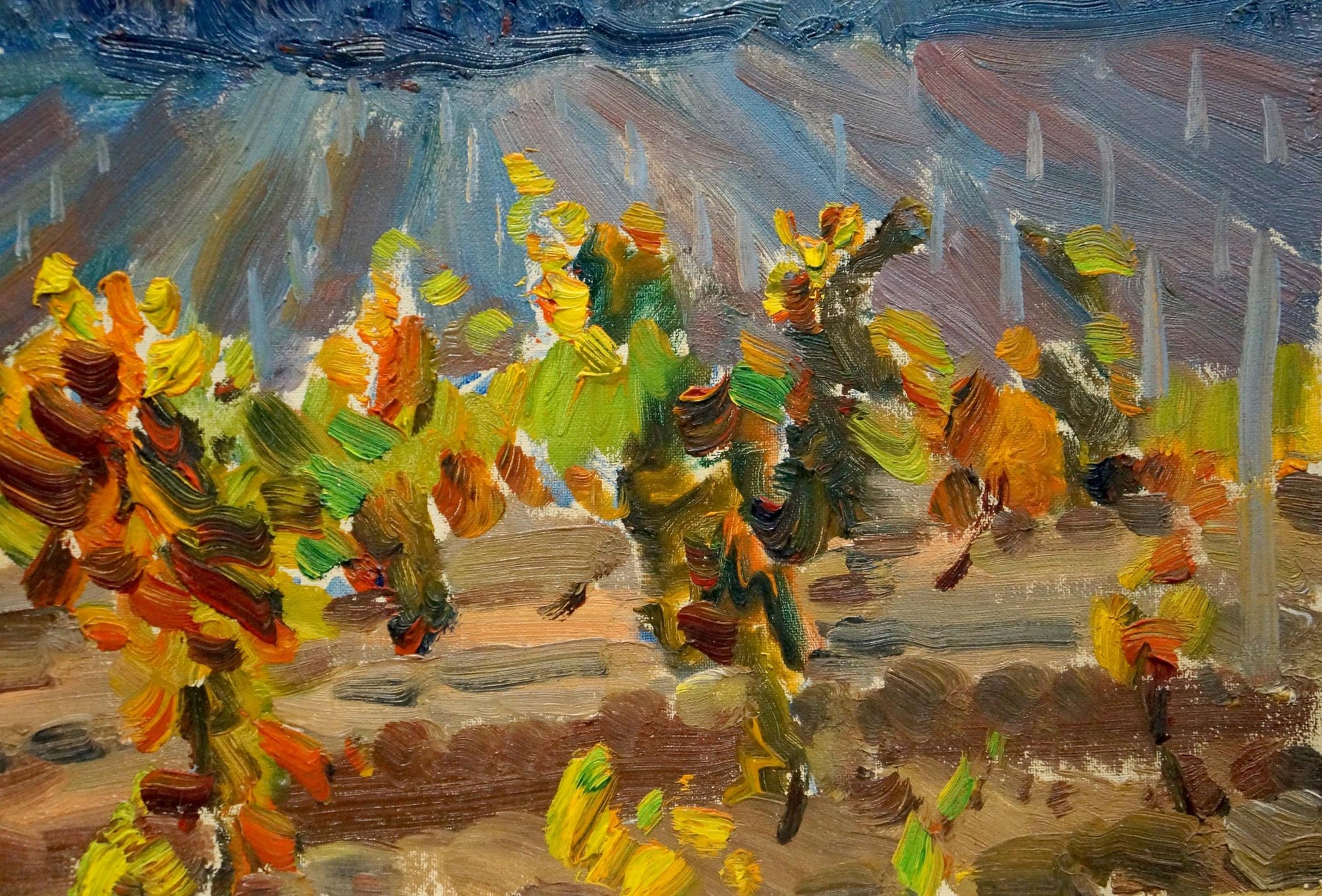 Vibrant impressionist oil painting Sunset on the vineyards by Petr Kolomoitsev
