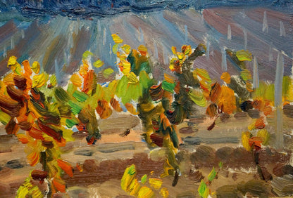 Vibrant impressionist oil painting Sunset on the vineyards by Petr Kolomoitsev