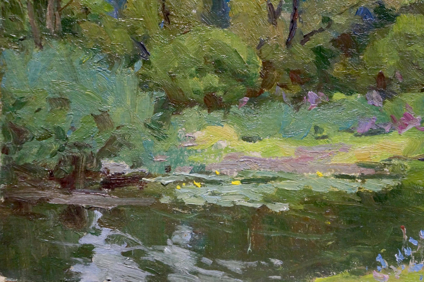 Vibrant impressionist oil painting of lush forest pond by Kalatsyuk Yakov Alekseevich