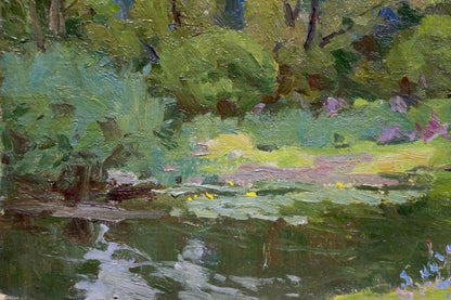 Vibrant impressionist oil painting of lush forest pond by Kalatsyuk Yakov Alekseevich