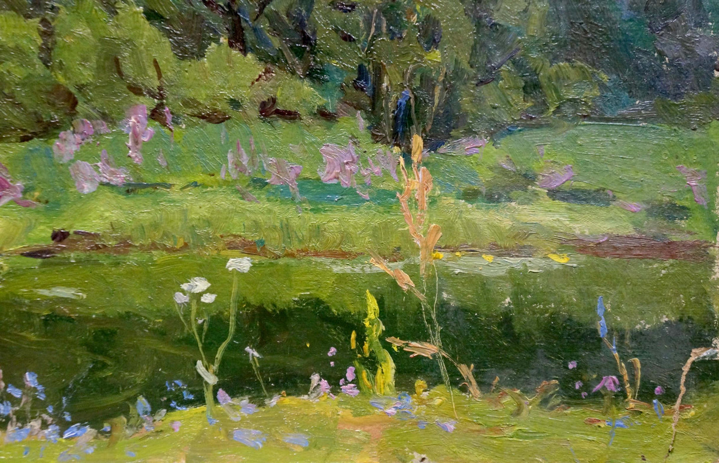 Vibrant impasto oil painting of green fields with wildflowers by Kalatsyuk Yakov Alekseevich