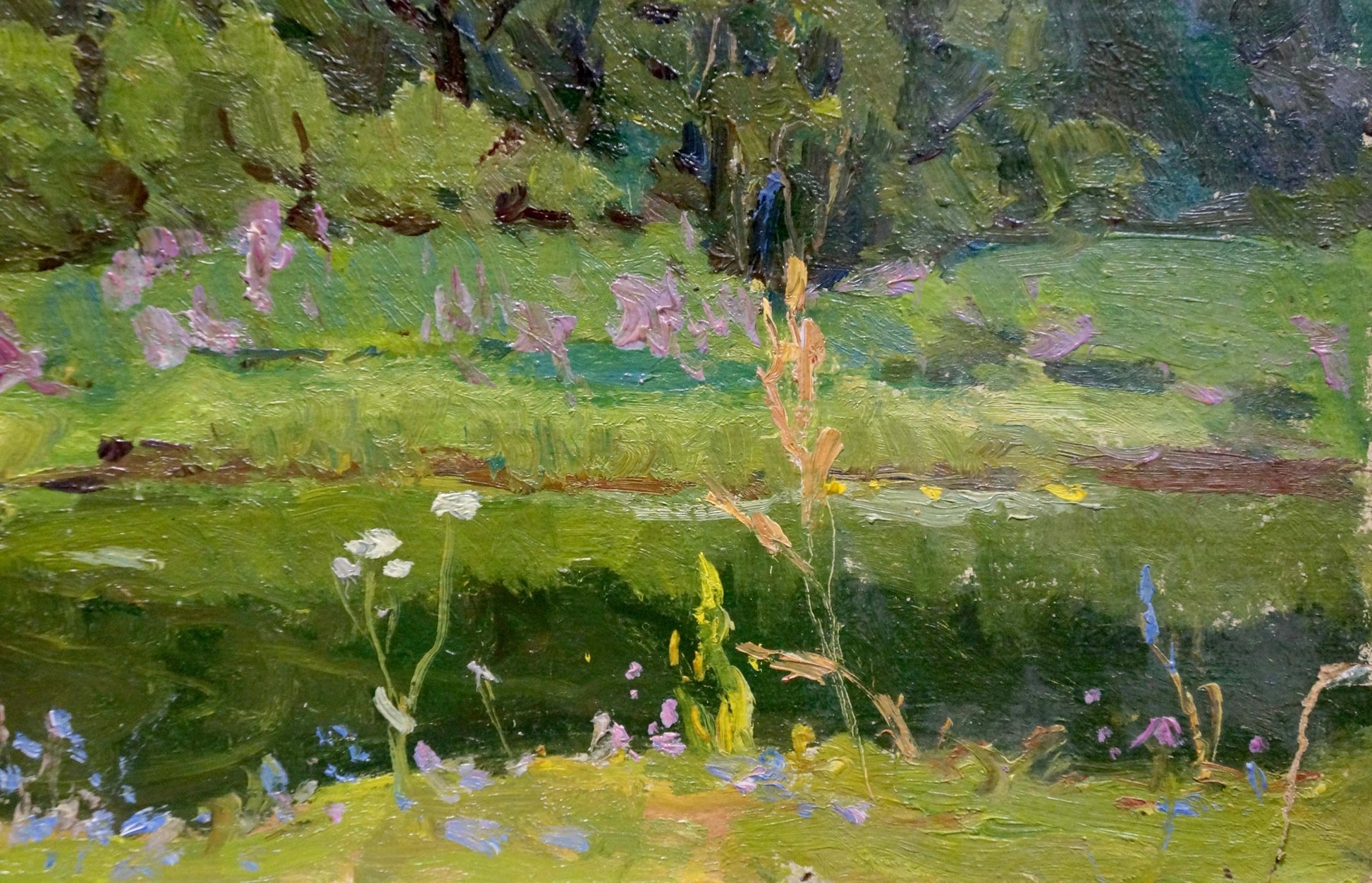Vibrant impasto oil painting of green fields with wildflowers by Kalatsyuk Yakov Alekseevich