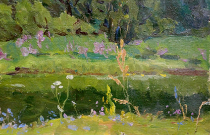 Vibrant impasto oil painting of green fields with wildflowers by Kalatsyuk Yakov Alekseevich