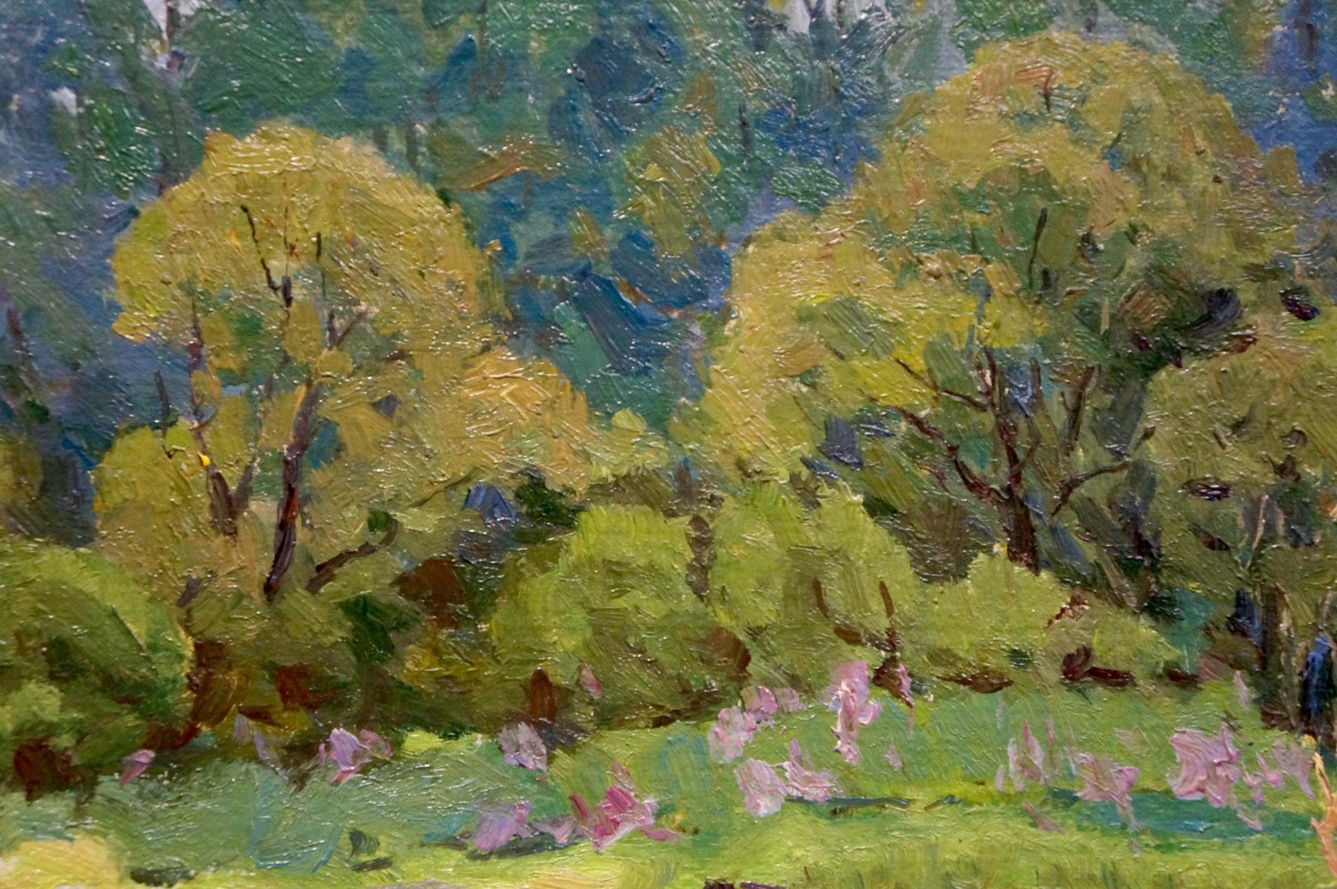 Vibrant impressionist oil painting by Kalatsyuk Yakov Alekseevich, lush green trees with pink blossoms