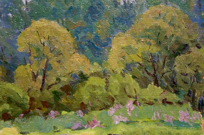 Vibrant impressionist oil painting by Kalatsyuk Yakov Alekseevich, lush green trees with pink blossoms