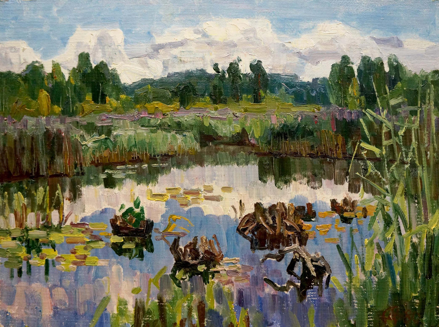 Serene impressionistic oil painting of tranquil forest lake by Sabadysh Petr Evlampievich
