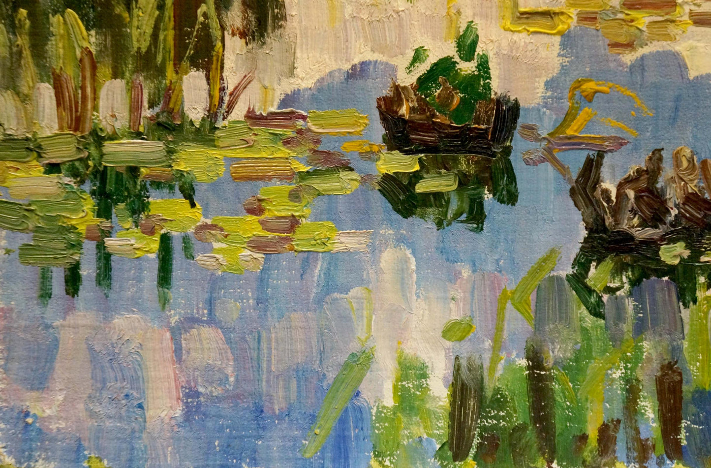 Vibrant impressionist oil painting of serene forest lake with lily pads by Sabadysh Petr Evlampievich