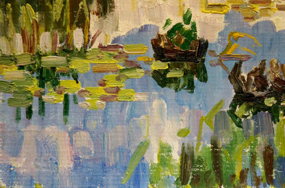 Vibrant impressionist oil painting of serene forest lake with lily pads by Sabadysh Petr Evlampievich