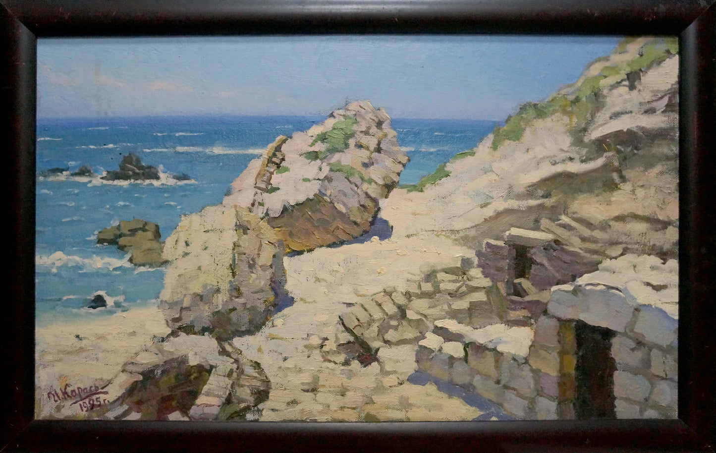 Framed Oil painting Ruin by Karas Joseph Ilyich: coastal rocks, turquoise sea, cliffs