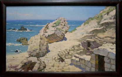 Framed Oil painting Ruin by Karas Joseph Ilyich: coastal rocks, turquoise sea, cliffs