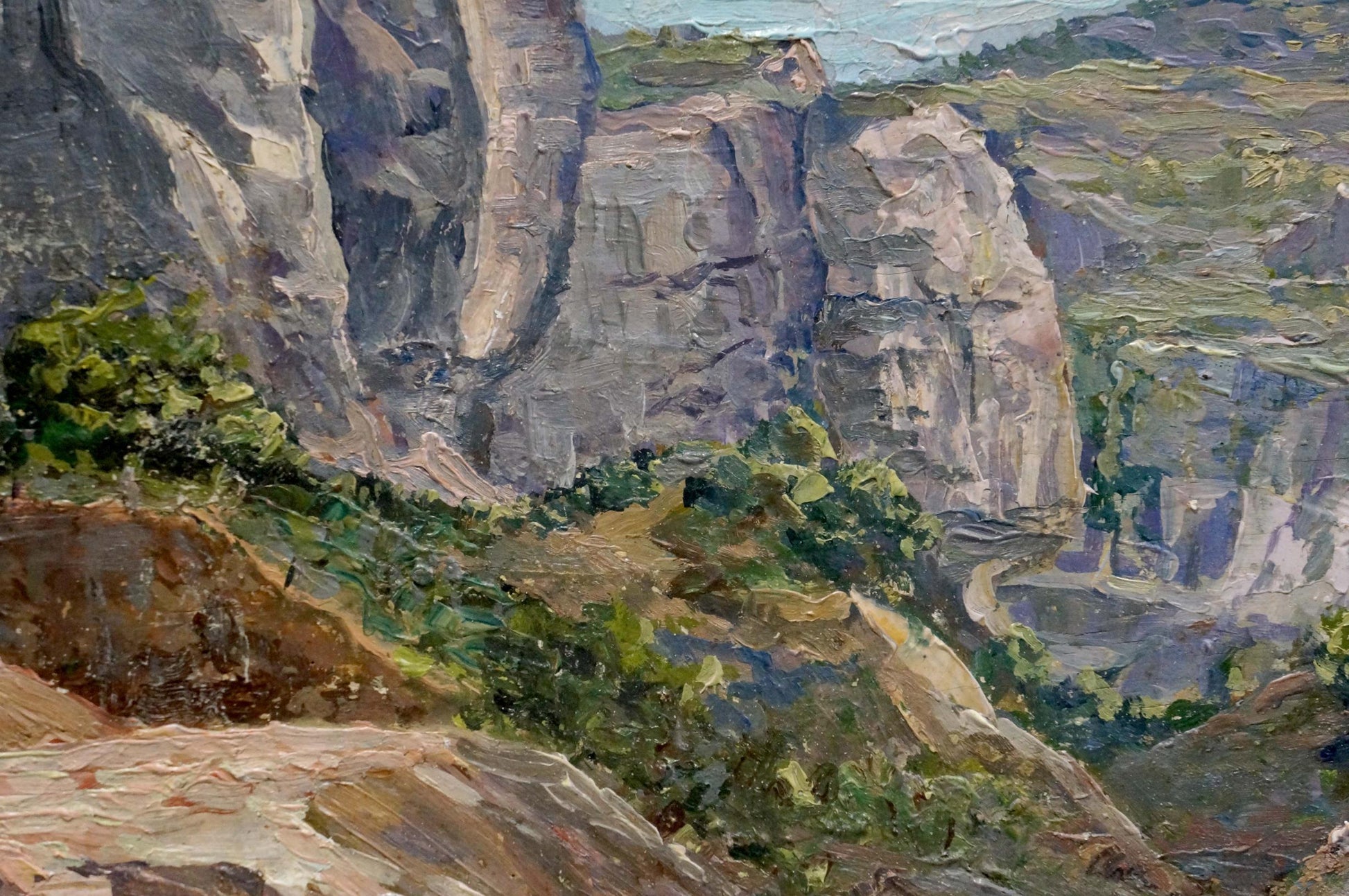 Oil painting of rugged mountain canyon cliffs by Elena Varnavovna Nagaevskaya