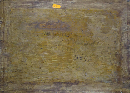 Back of weathered yellowish-brown wooden panel for Elena Varnavovna Nagaevskayas Oil painting Mountain canyon with handwritten inscriptions