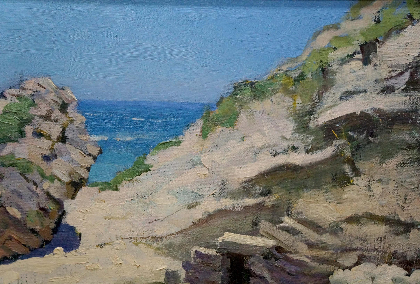 Oil painting Ruin by Karas Joseph Ilyich: coastal cliffs, greenery, ocean