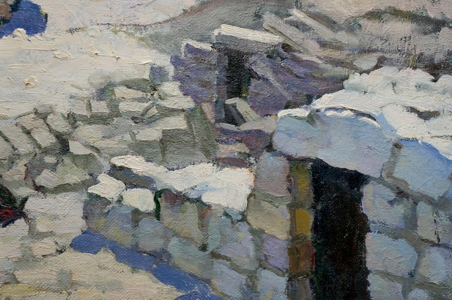 Oil painting Ruin by Karas Joseph Ilyich: textured snow-covered stone wall