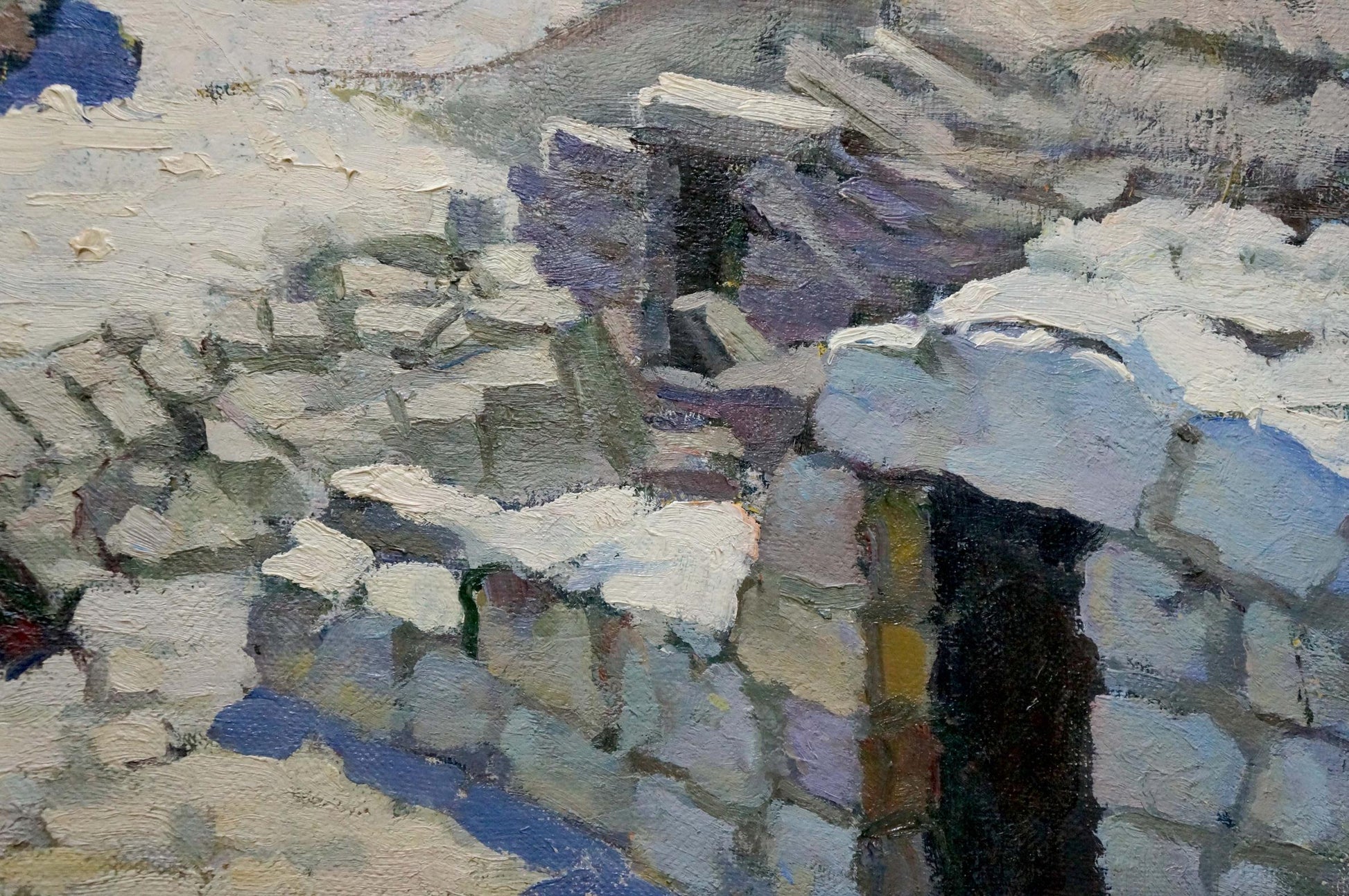 Oil painting Ruin by Karas Joseph Ilyich: textured snow-covered stone wall