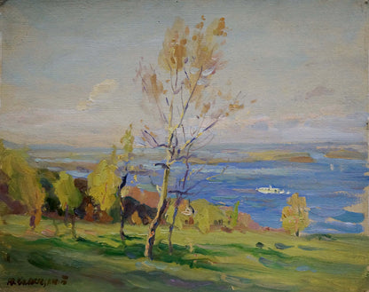 Impressionist oil painting by Komendant Yuriy Sergeyevich: autumn lakeside with boats
