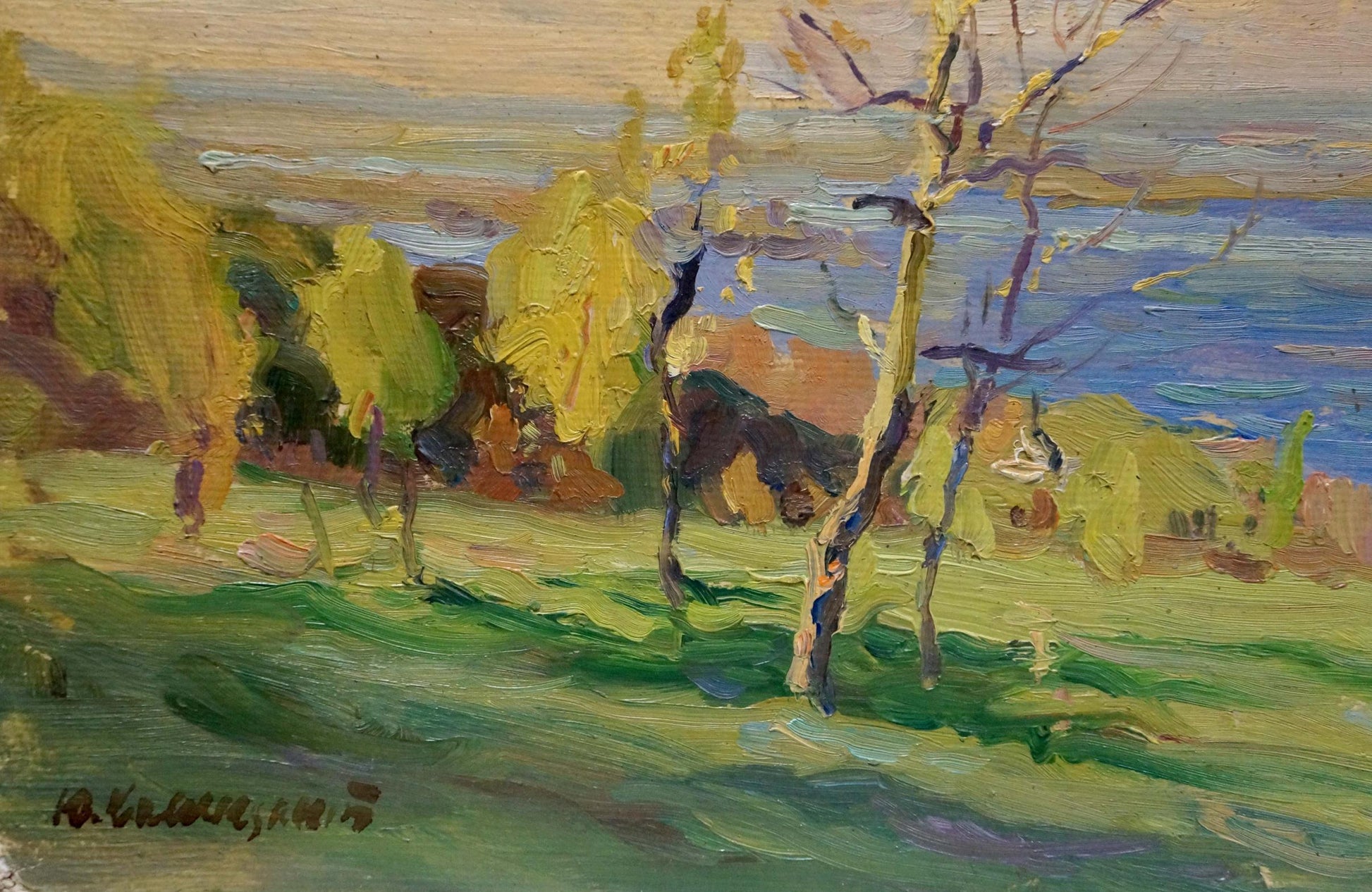 Vibrant impressionist oil painting by Komendant Yuriy Sergeyevich: sea view with yellow trees